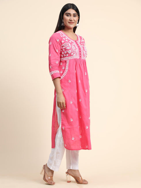 Fizaa Chikankari Kurti for Women With Pocket - Pink